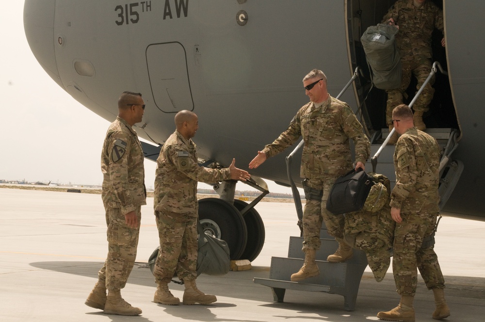 ISAF Command Sgt. Maj. Capel greets Sgt. Maj. of the Army Chandler at Bagram Air Field