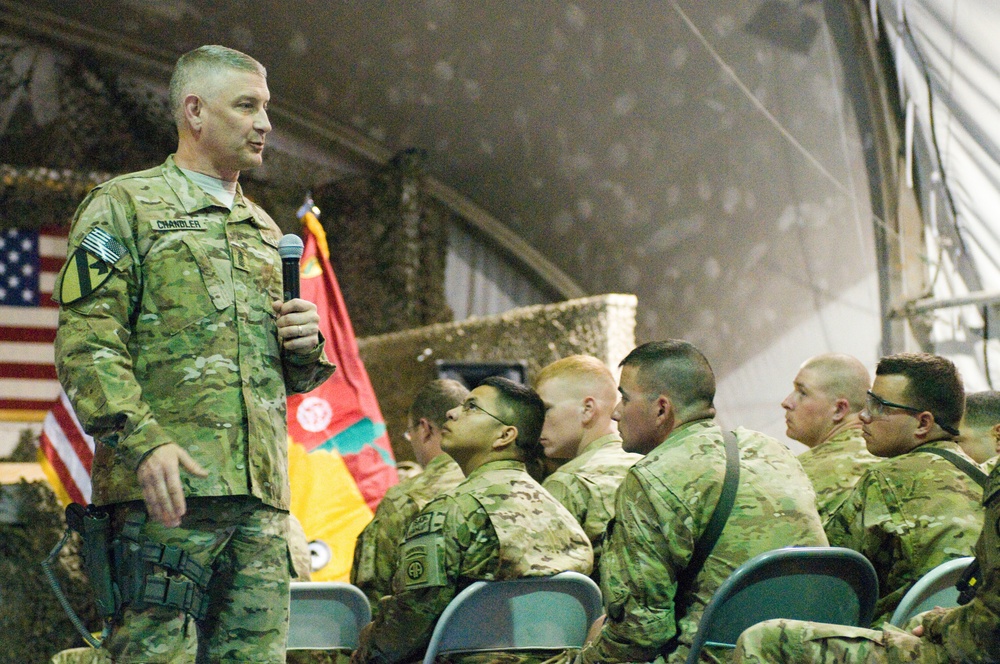 Sgt. Maj. of the Army Chandler answers troops questions in Afghanistan