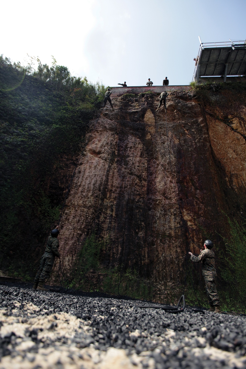 Marines descend through jungle warfare training