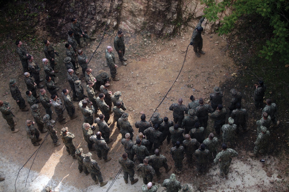Marines descend through jungle warfare training