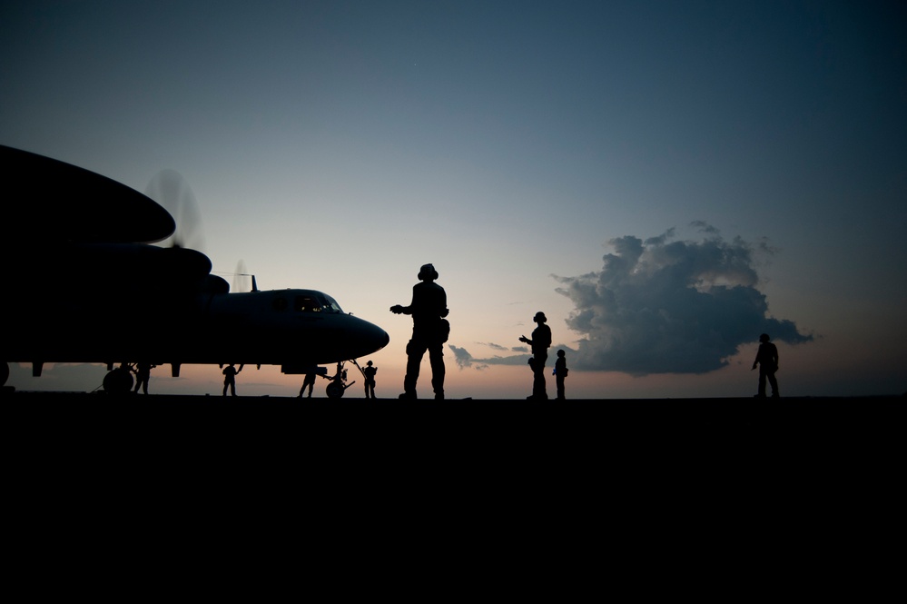 Preparing an E-2C Hawkeye for launch