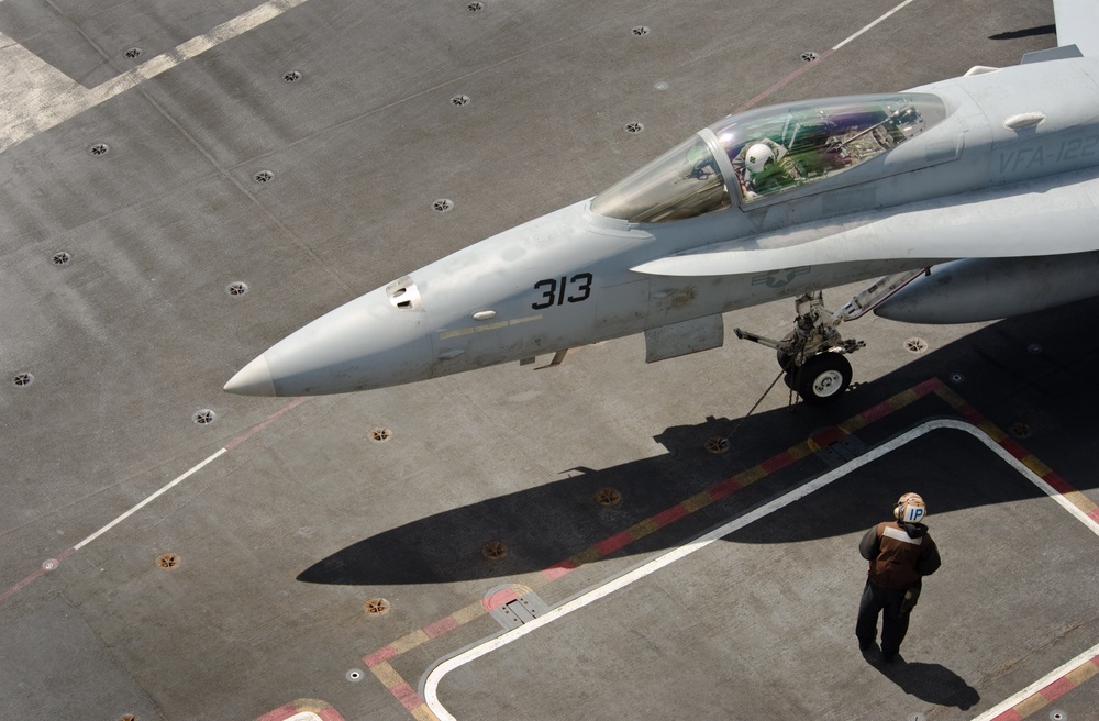 F/A-18C Hornet departs flight deck