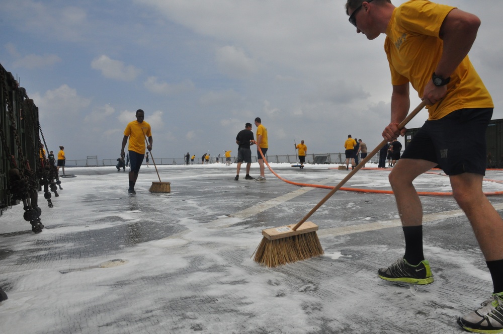 USS Tortuga sailors test firefighting system on flight deck