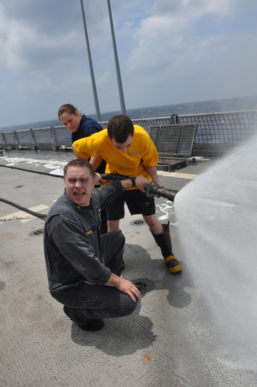 USS Tortuga sailors test firefighting system on flight deck