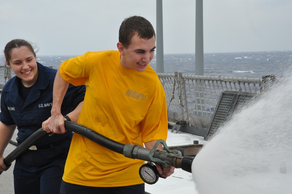 USS Tortuga sailors test firefighting system on flight deck