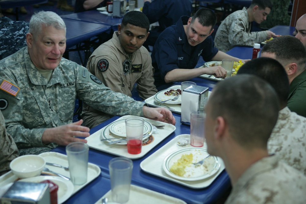 AFRICOM commanding general and senior enlisted leader chat with sailors and Marines aboard the Iwo Jima during African Lion 2012