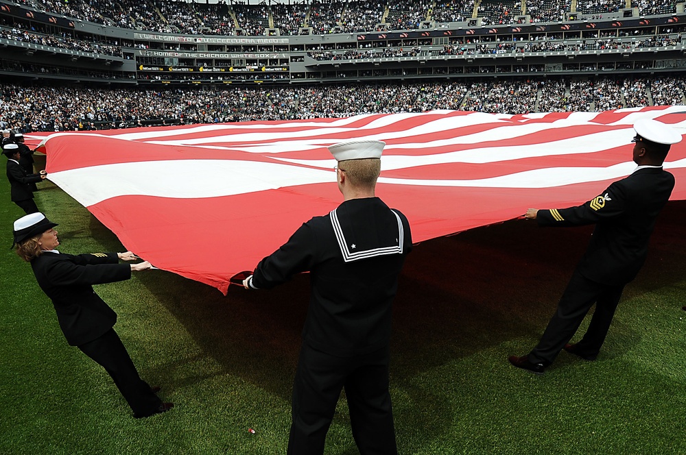 Navy sailors unfurl flag at White Sox opener