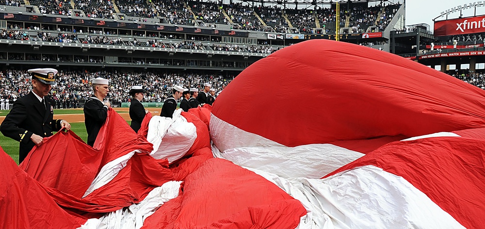 Navy sailors unfurl flag at White Sox opener