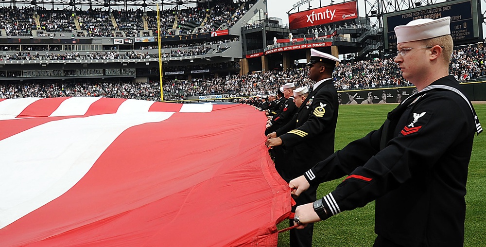 Navy sailors unfurl flag at White Sox opener