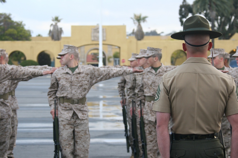 Company I recruits compete for honor platoon through initial drill