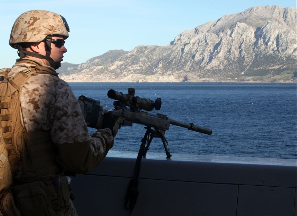 USS New York makes first Strait of Gibraltar transit, protected by her Marines and sailors