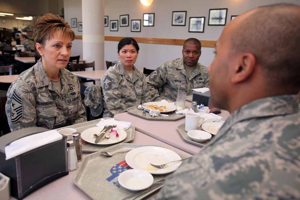 Senior enlisted leader speaks with 108th Wing airmen