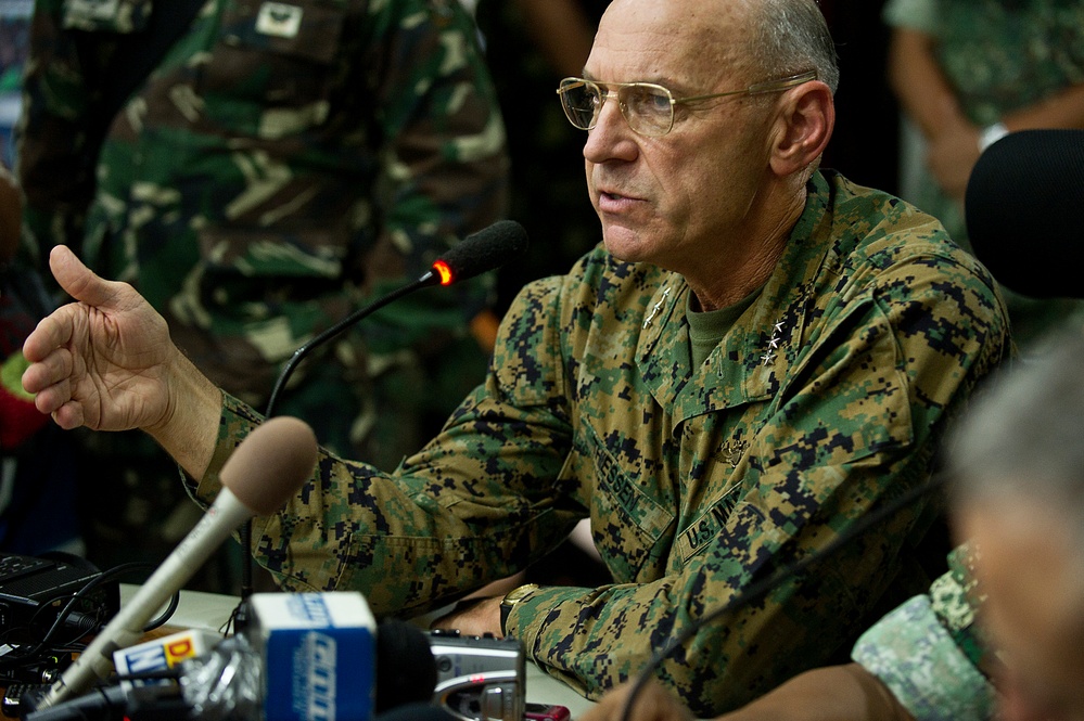 US and Philippine Marine commanders answer question from international press during Balikatan 2012