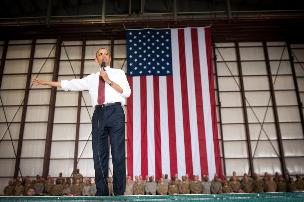 President Obama speaks to troops on Bagram Airfield