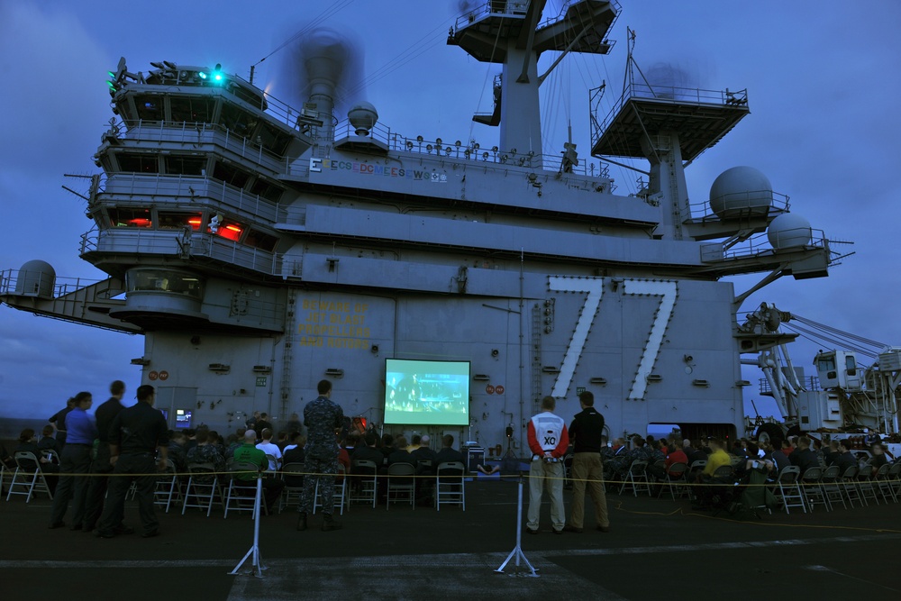 Movie night aboard USS George H.W. Bush flight deck