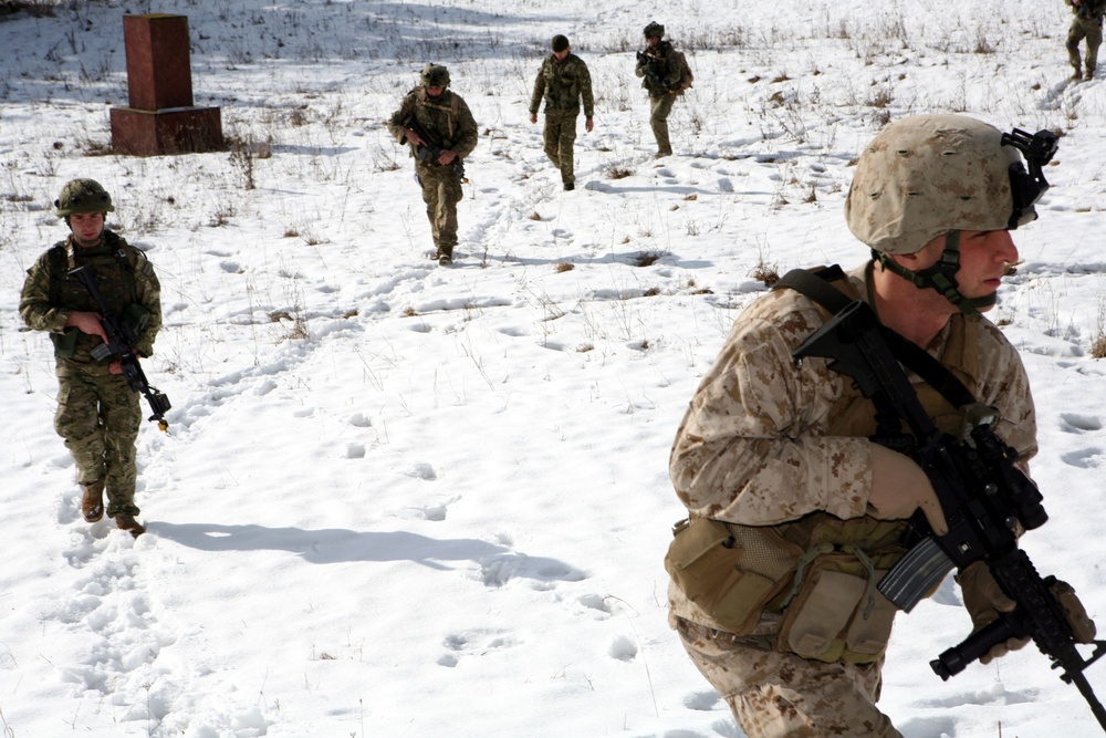 Marines observe Georgians' Charlie Company 23rd LIB raid enemy insurgents at rehearsal exercise