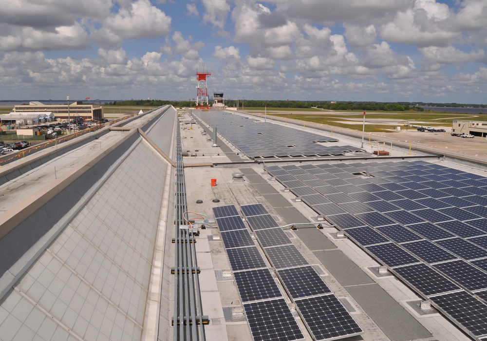 Solar panels on NAS Jacksonville's hangar roof