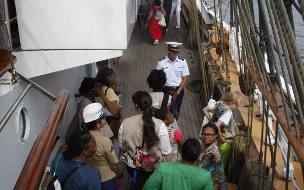 Female Marines and Girl Scouts tour the USCGC Eagle during NYC Fleet Week 2012