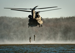 U.S. Army Sapper soldiers helocast into Lake of the Ozarks
