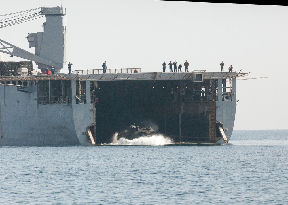 U.S. Marines aboard USS Germantown practice an amphibious assault attack during CARAT 2012