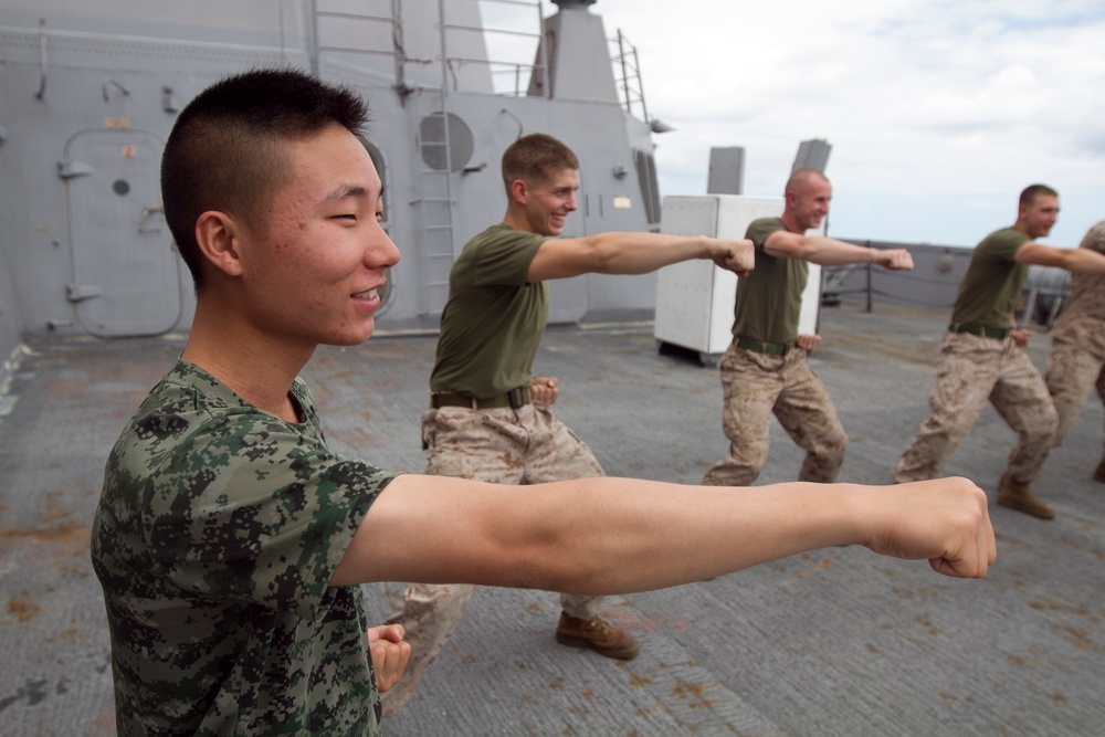 ROK Marines teach U.S. Marines a class aboard USS New Orleans