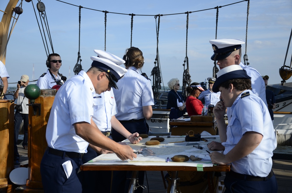 Coast Guard Academy cadets perform navigation duties aboard U.S. Coast Guard Barque