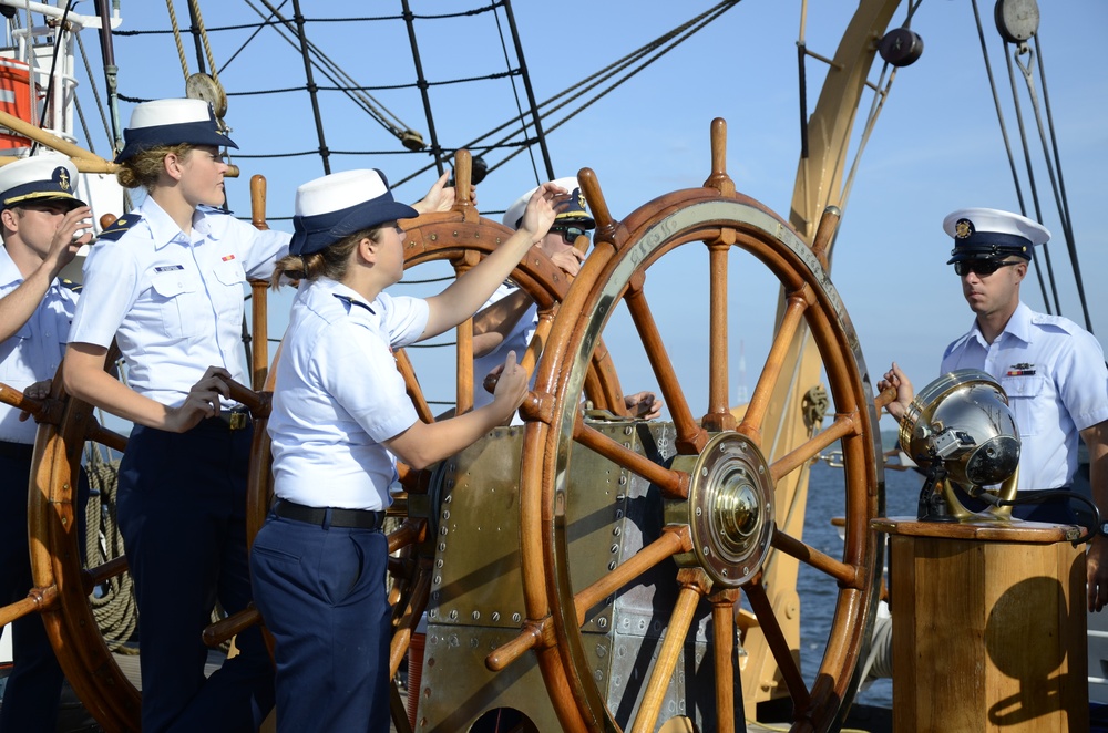 Coast Guard Academy cadets steer the U.S. Coast Guard Barque Eagle