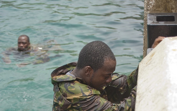 Members of the Barbados Defence Force perform vessel debarkation drills during Exercise Tradewinds 2012