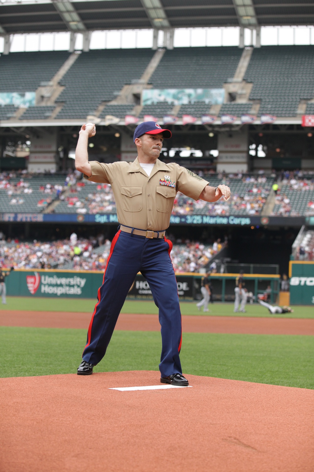 Sergeant major throws first pitch during Marine Week Cleveland