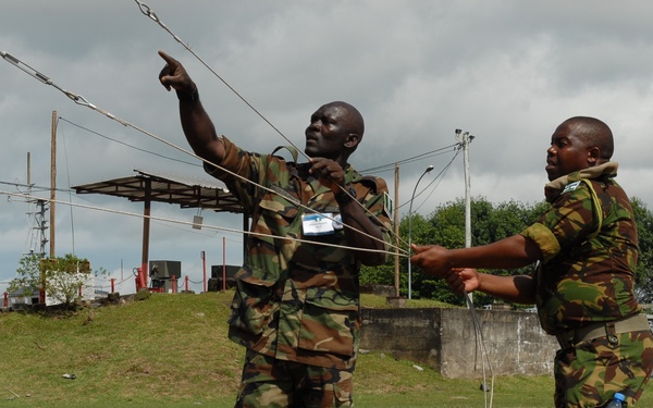 Two military personnel in camouflage uniforms are standing outdoors on a dirt and grass area, handling multiple lines or cords. One soldier is pointing upward while the other assists in managing the lines. The setting appears to be a military or industrial compound with utility poles, wires, and structures visible in the background.
