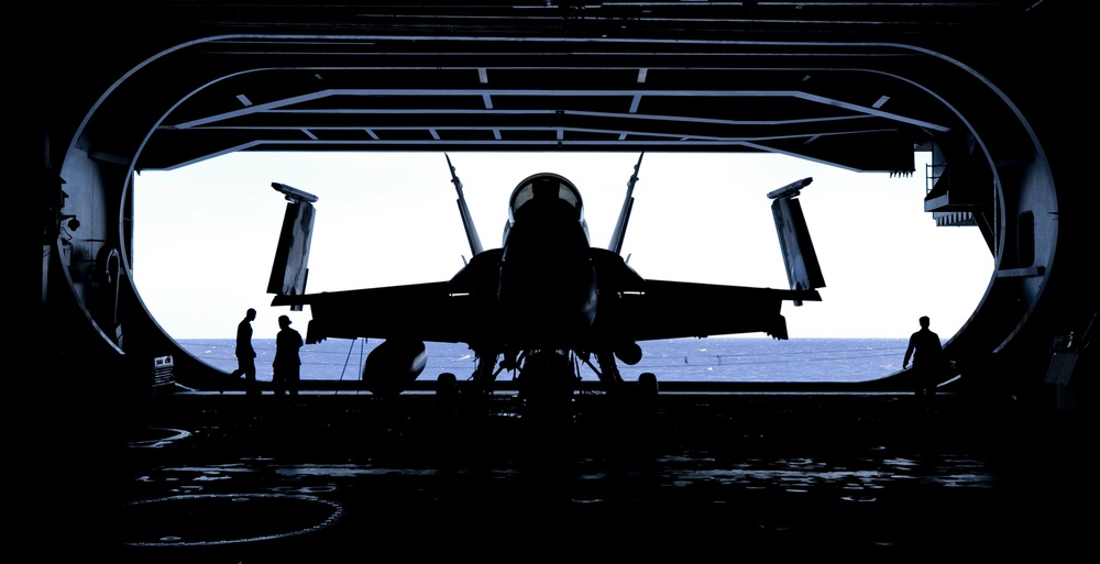 F/A-18C Hornet in USS Nimitz's hangar bay