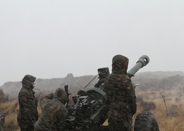 U.S. Marine and New Zealand gunners fire cannons in snowstorm to conclude Exercise Brimstone