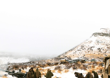 U.S. Marine and New Zealand gunners fire cannons in snowstorm to conclude Exercise Brimstone