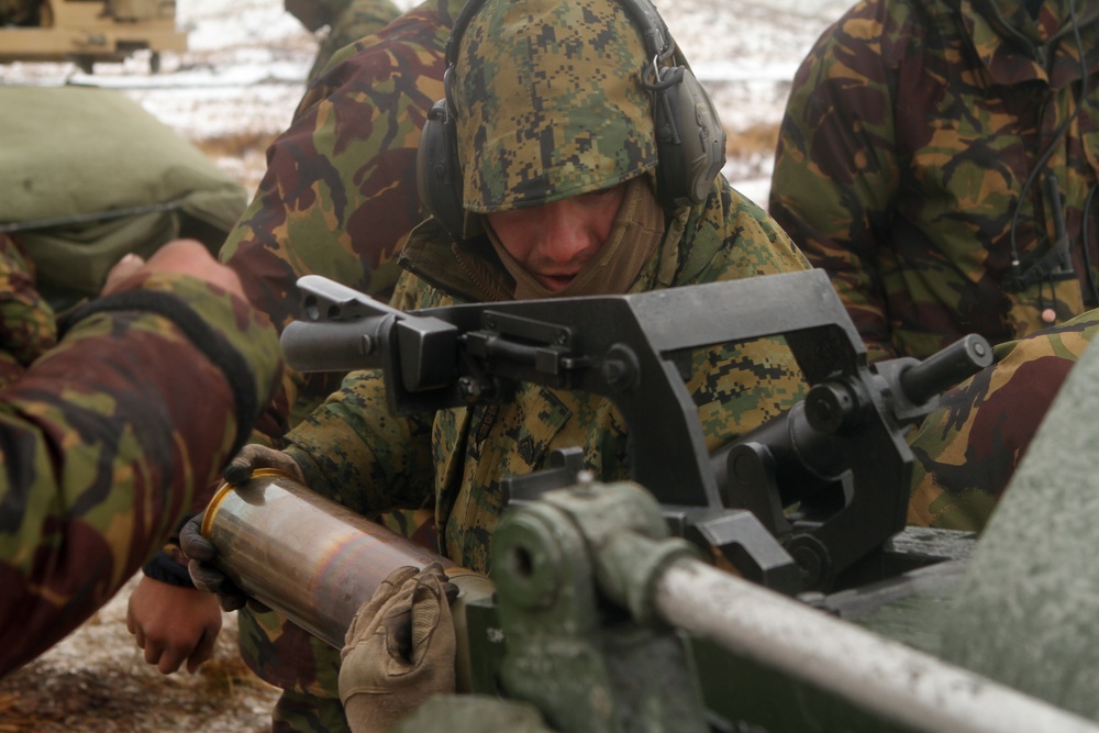 U.S. Marine and New Zealand gunners fire cannons in snowstorm to conclude Exercise Brimstone