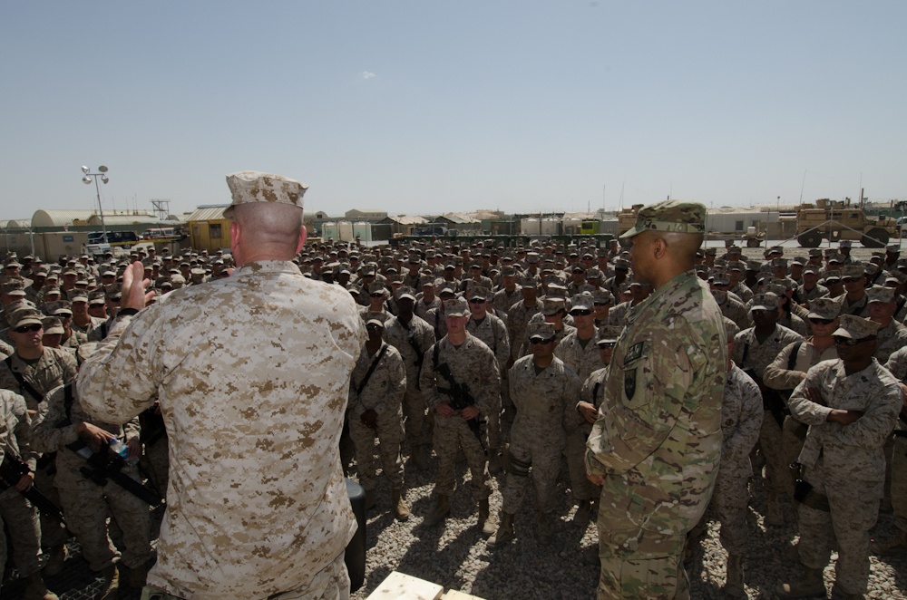 SEAC Battaglia and CSM Capel speak to Marines at Camp Leatherneck