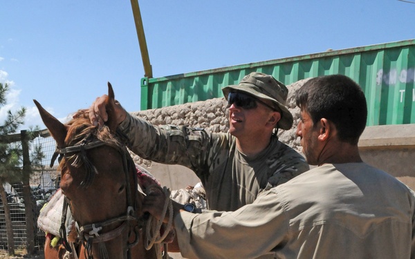 A military service member in MultiCam/OCP camouflage uniform and boonie hat interacts with a local civilian and a chestnut horse in what appears to be an arid, dusty environment. Both individuals are touching the horse's head, suggesting an inspection or veterinary assessment. The setting includes a stone wall, green shipping container, and sparse vegetation consistent with Central or Southwest Asia.
