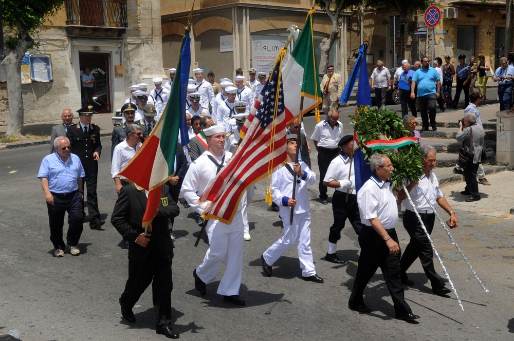 Sailors march to Gela Memorial in Sicily