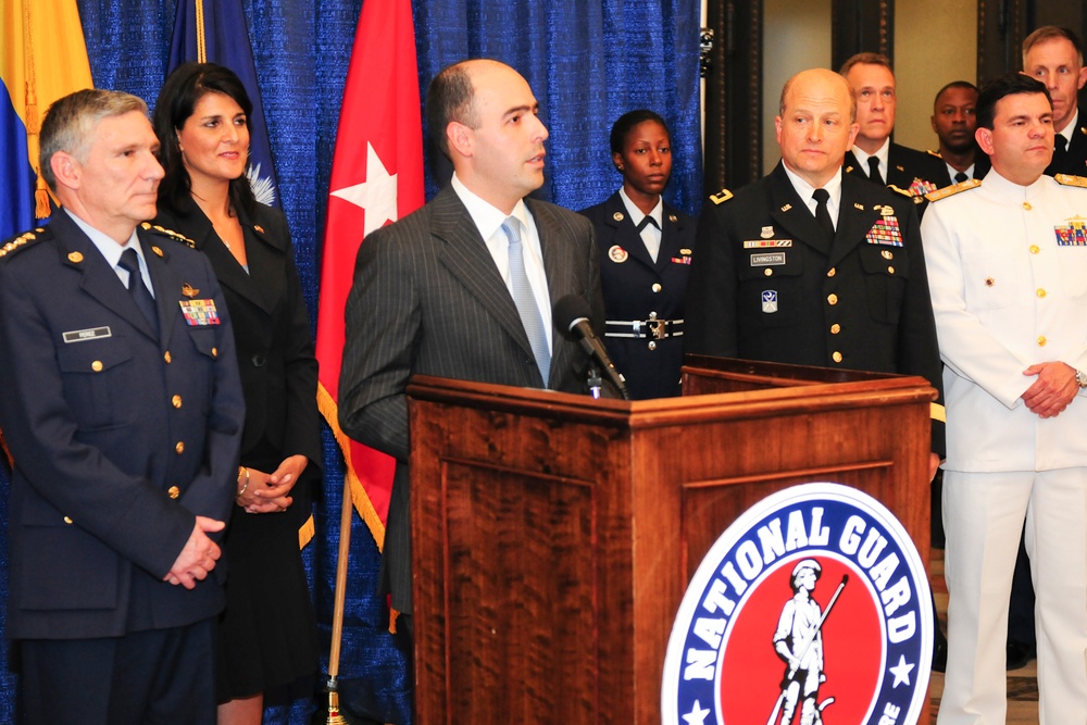 South Carolina Gov. Nikki Haley and Maj. Gen. Robert E. Livingston Jr., adjutant general for South Carolina National Guard, announce commencement of South Carolina National Guard's state partnership with Republic of Colombia
