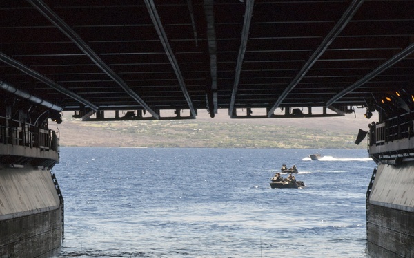 The image is taken from inside the well deck of a naval amphibious assault ship, looking outward toward open water. An amphibious assault vehicle (AAV) is silhouetted in the foreground, exiting or preparing to exit the well deck, while additional AAVs are visible operating in the water beyond. A green, hilly coastline is visible in the background, suggesting an amphibious landing exercise.