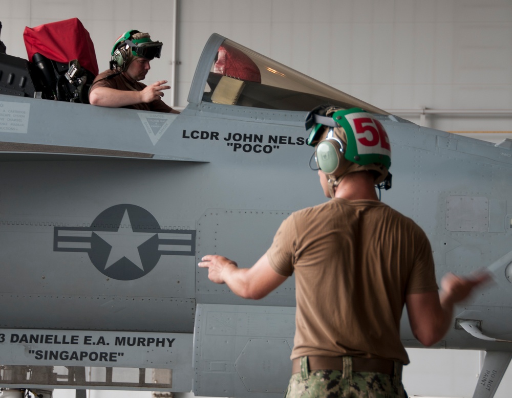 VAQ-132 performs aircraft maintenance on EA-18G.