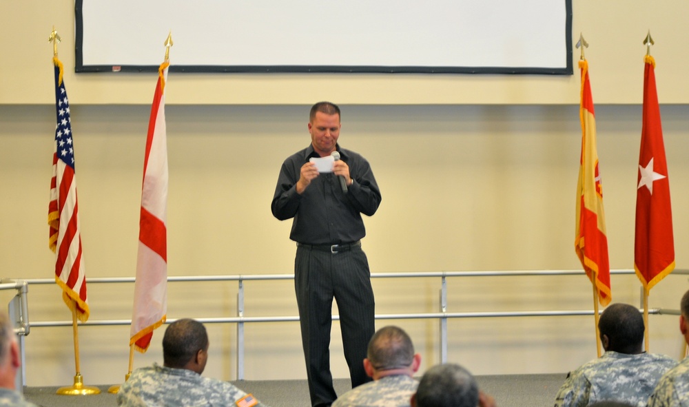 Jody Fuller, soldier, comic, entertains the 167th TSC