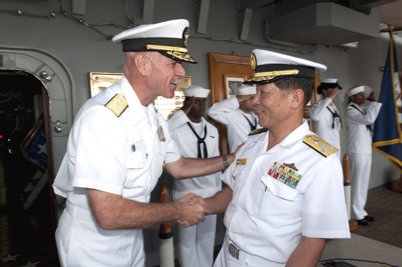 Vice Admiral Yasushi Matsushita visits 7th Fleet flagship USS Blue Ridge in Hakata, Japan