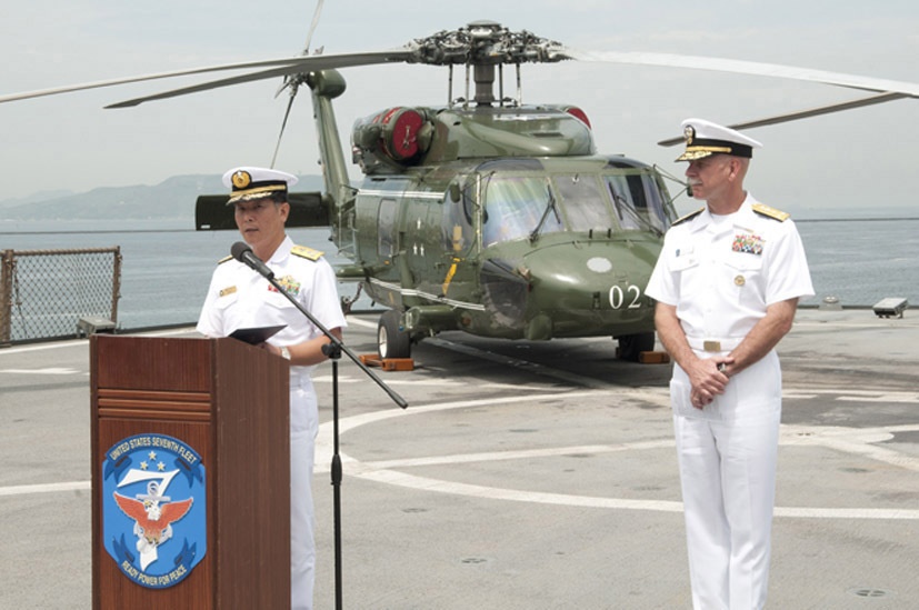 Vice Admiral Yasushi Matsushita visits 7th Fleet flagship USS Blue Ridge in Hakata, Japan