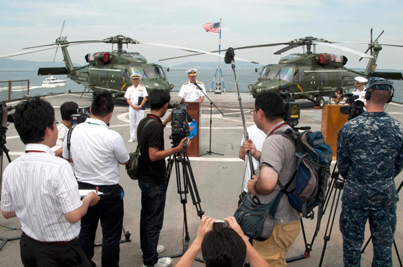 Vice Admiral Yasushi Matsushita visits 7th Fleet flagship USS Blue Ridge in Hakata, Japan