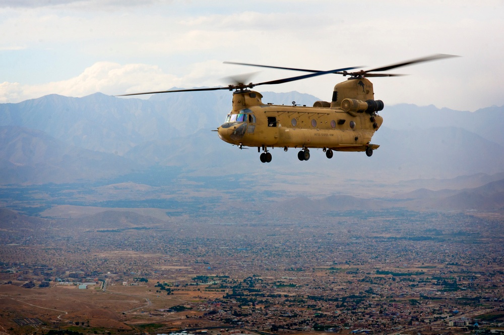 Task Force Corsair Chinooks soar over Regional Command-East