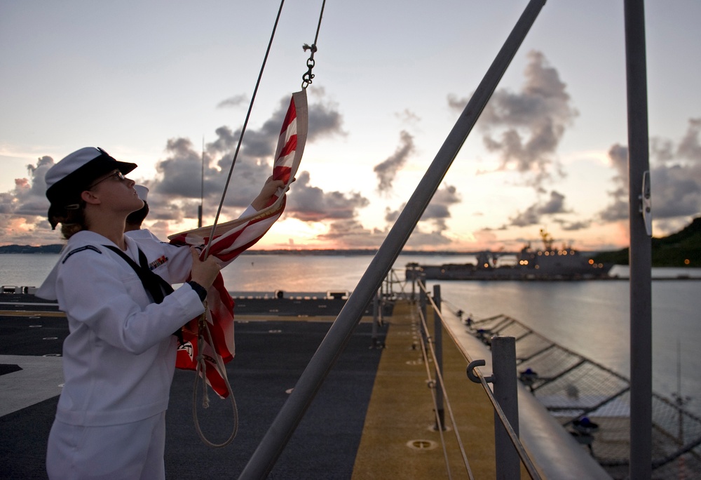 Evening colors aboard amphibious assault ship Bonhomme Richard