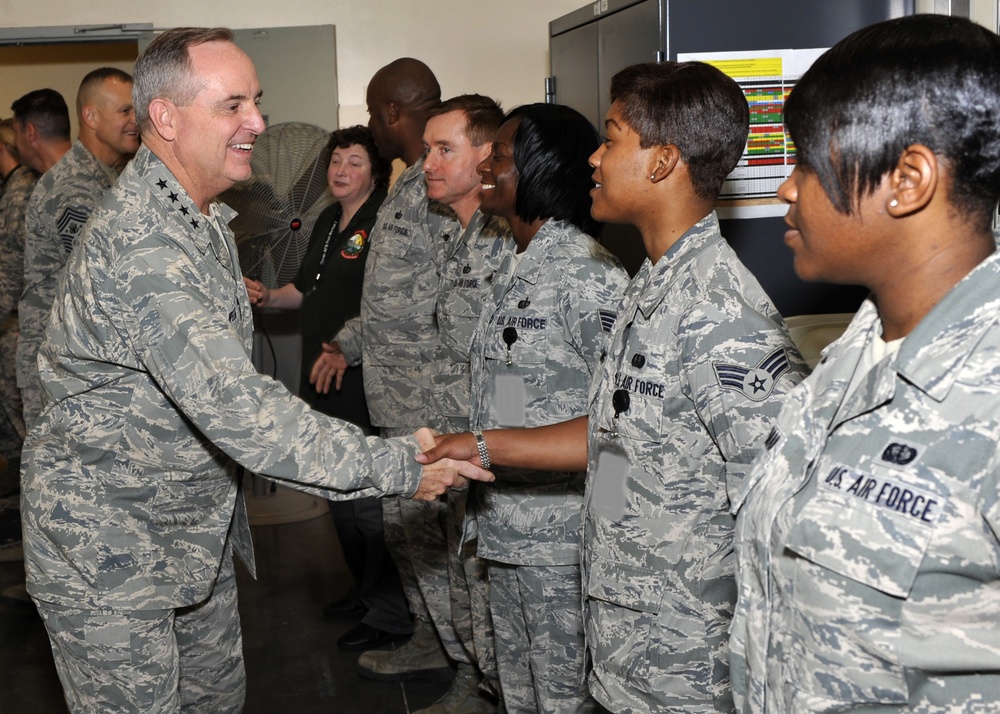 Air Force Chief of Staff Gen. Mark A. Welsh III visits with airmen