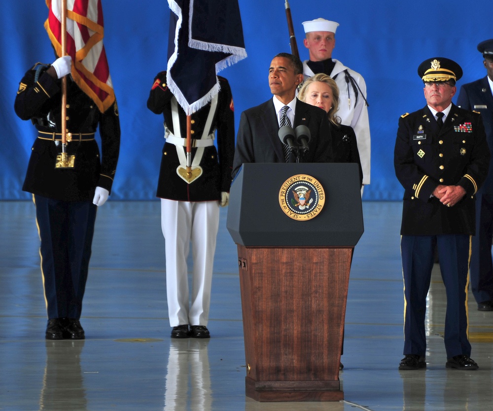 Commander in Chief speaks during dignified transfer ceremony