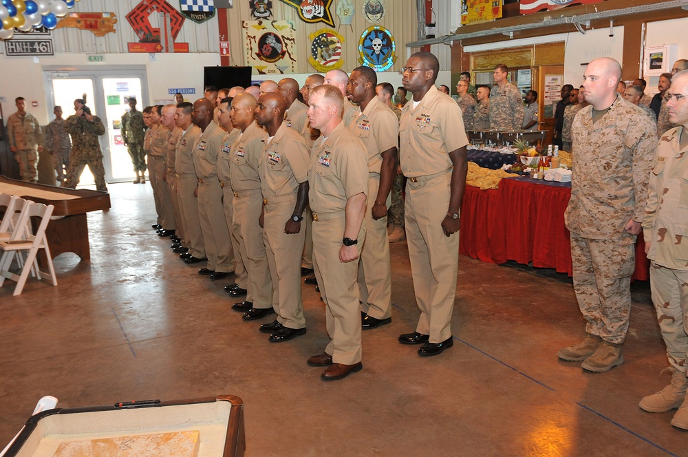 Chief petty officer selectees stand-by for the start of the chief petty officer’s pinning ceremony at Camp Lemonnier
