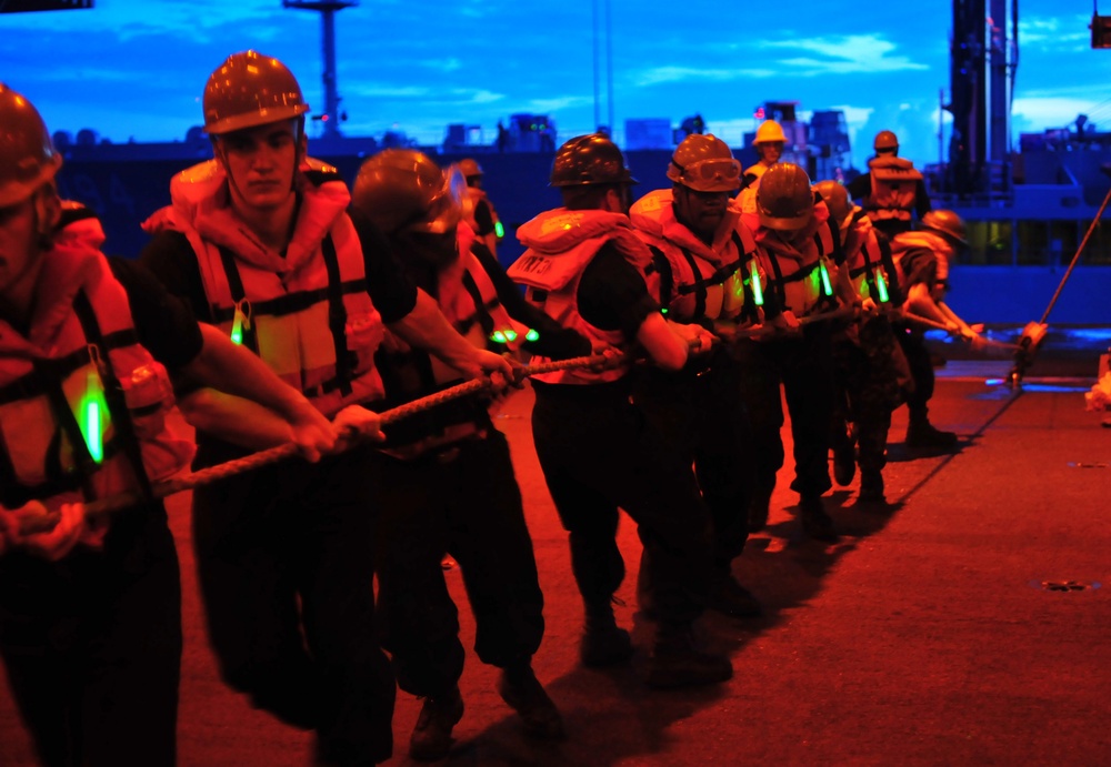 USS George Washington sailors during replenishment at sea